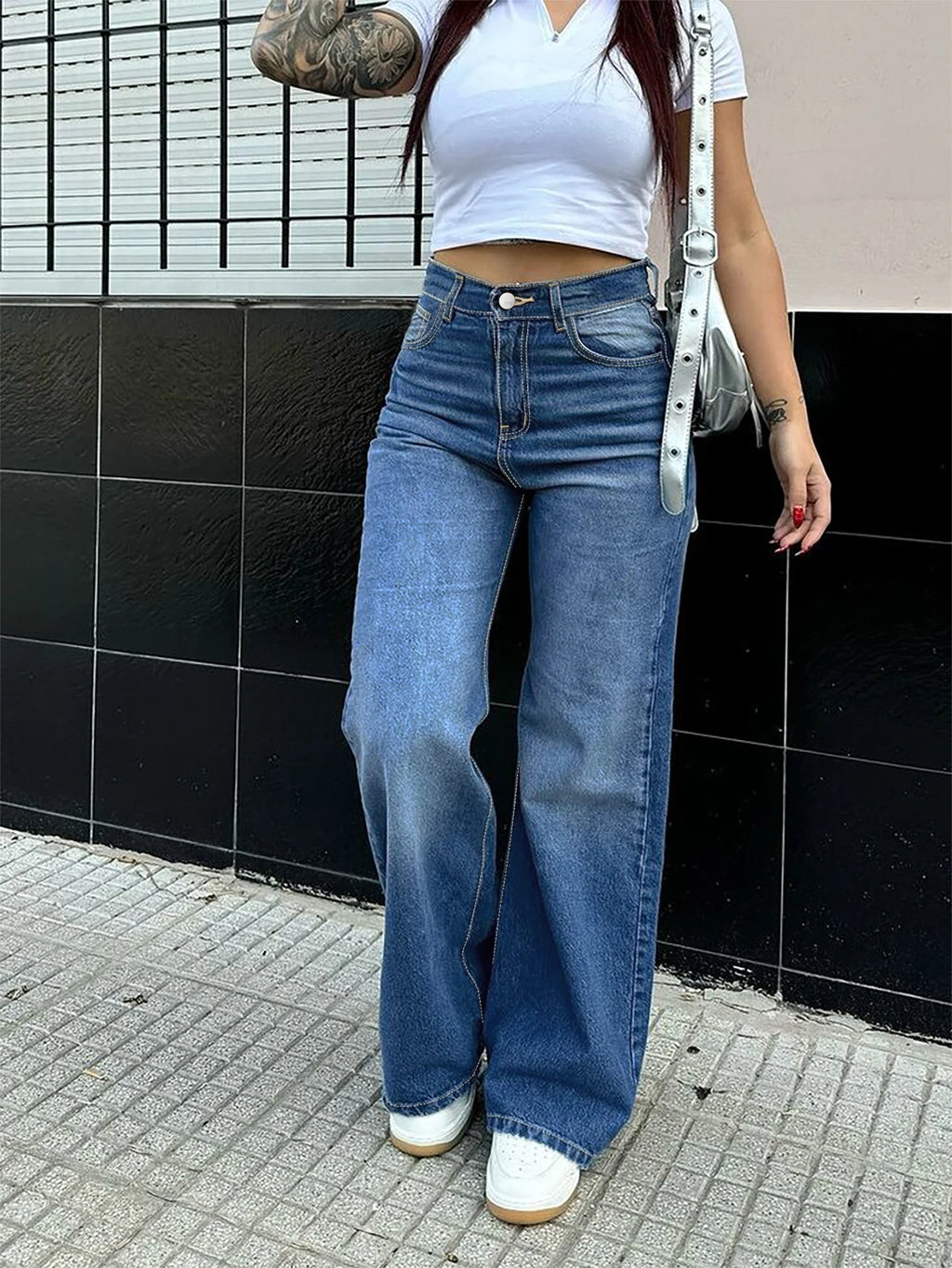 High Quality Vintage Casual Summer Women's Straight Denim Pants High Waist Wide Leg Long Jeans Stretchy Solid Pattern Washable
