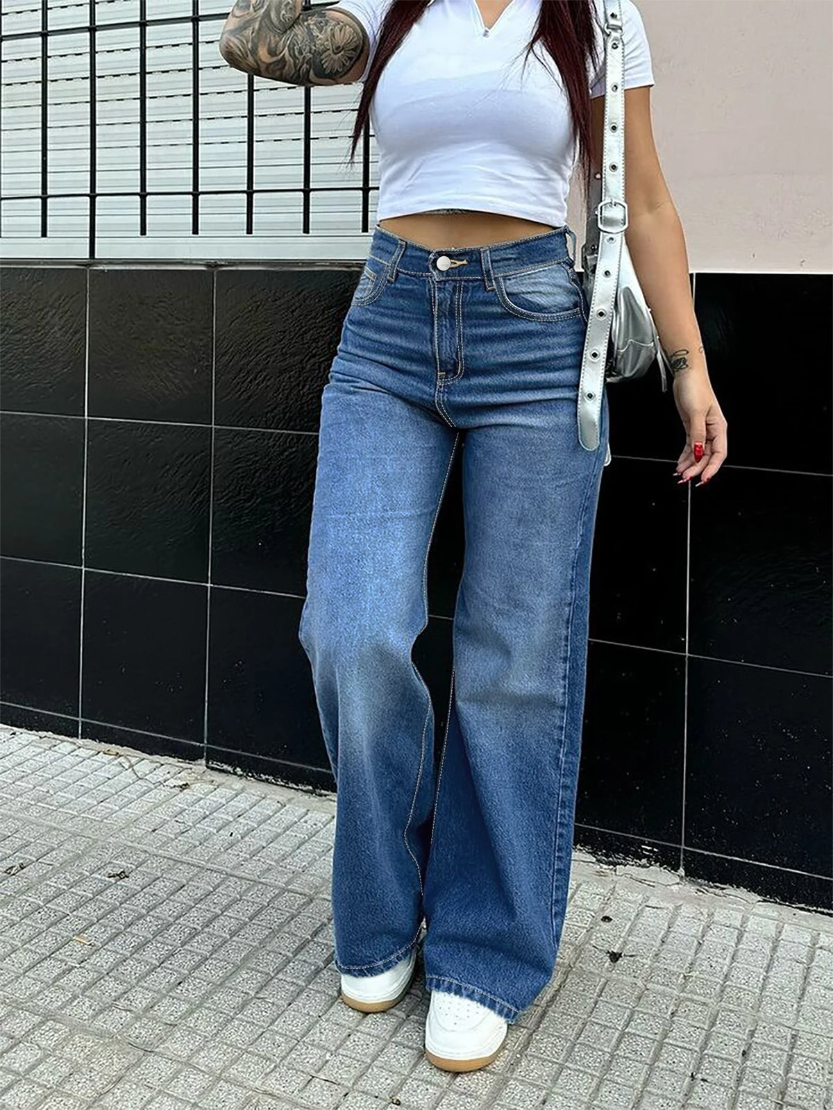 High Quality Vintage Casual Summer Women's Straight Denim Pants High Waist Wide Leg Long Jeans Stretchy Solid Pattern Washable