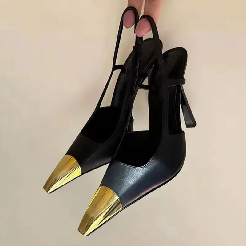 2025 Black Italian Style Women's Shoes Mature and Sexy Martel Toe Slingshot Sandals Elegant White-collar Metal Toe Cap