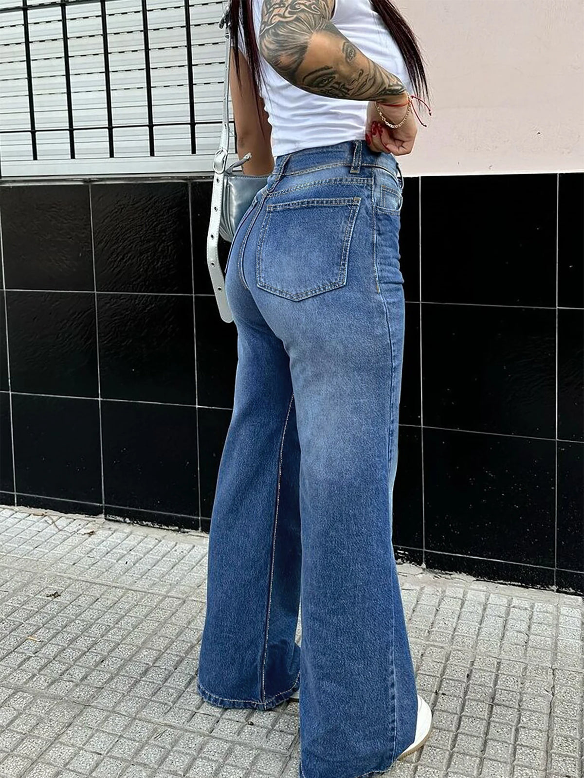 High Quality Vintage Casual Summer Women's Straight Denim Pants High Waist Wide Leg Long Jeans Stretchy Solid Pattern Washable