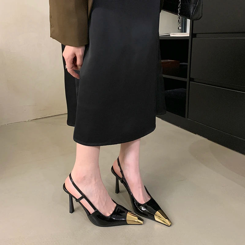 2025 Black Italian Style Women's Shoes Mature and Sexy Martel Toe Slingshot Sandals Elegant White-collar Metal Toe Cap