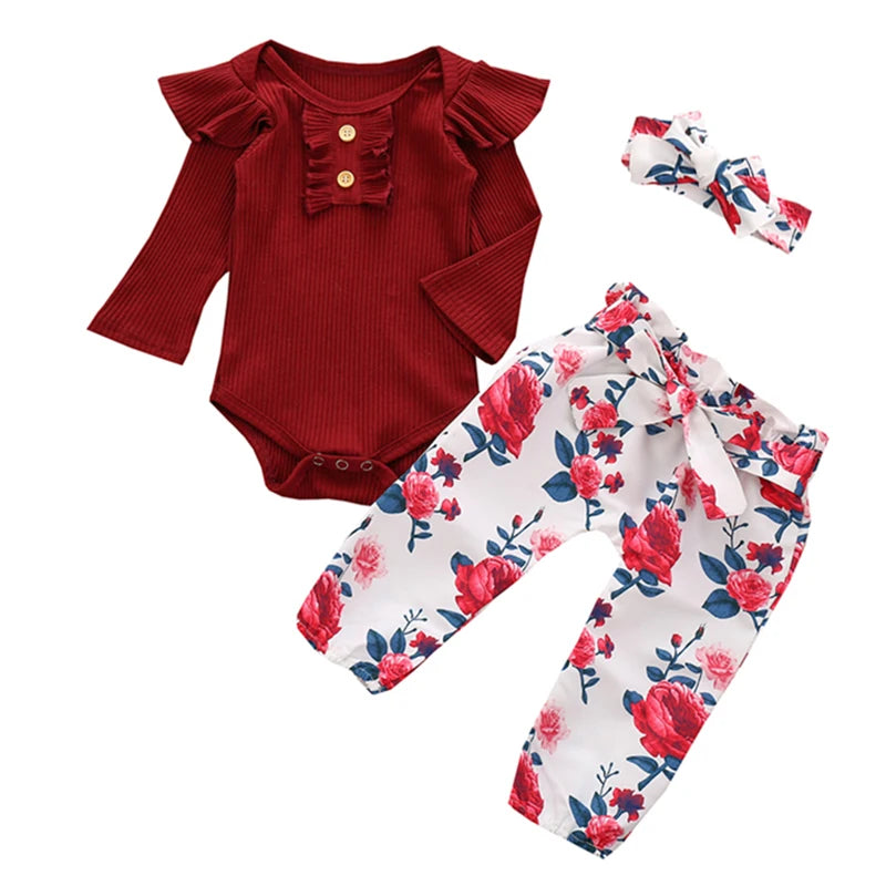 Baby Girl Newborn Clothes Set Fashion Autumn Toddler Outfit Solid Color Romper Pants Headband Little New Born Infant Clothing