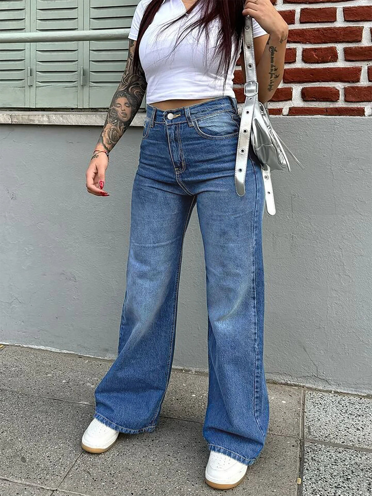 High Quality Vintage Casual Summer Women's Straight Denim Pants High Waist Wide Leg Long Jeans Stretchy Solid Pattern Washable