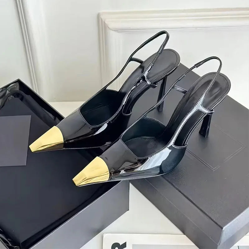 2025 Black Italian Style Women's Shoes Mature and Sexy Martel Toe Slingshot Sandals Elegant White-collar Metal Toe Cap