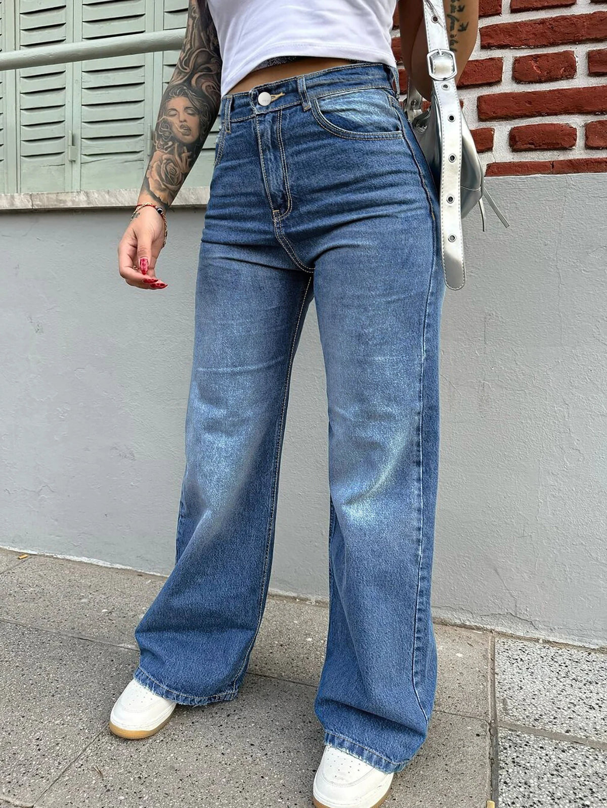 High Quality Vintage Casual Summer Women's Straight Denim Pants High Waist Wide Leg Long Jeans Stretchy Solid Pattern Washable