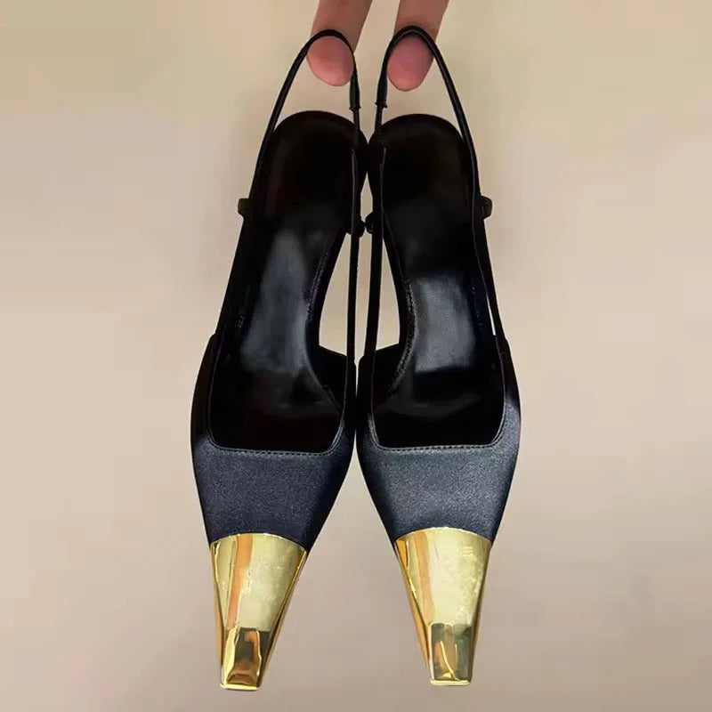 2025 Black Italian Style Women's Shoes Mature and Sexy Martel Toe Slingshot Sandals Elegant White-collar Metal Toe Cap