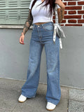 High Quality Vintage Casual Summer Women's Straight Denim Pants High Waist Wide Leg Long Jeans Stretchy Solid Pattern Washable