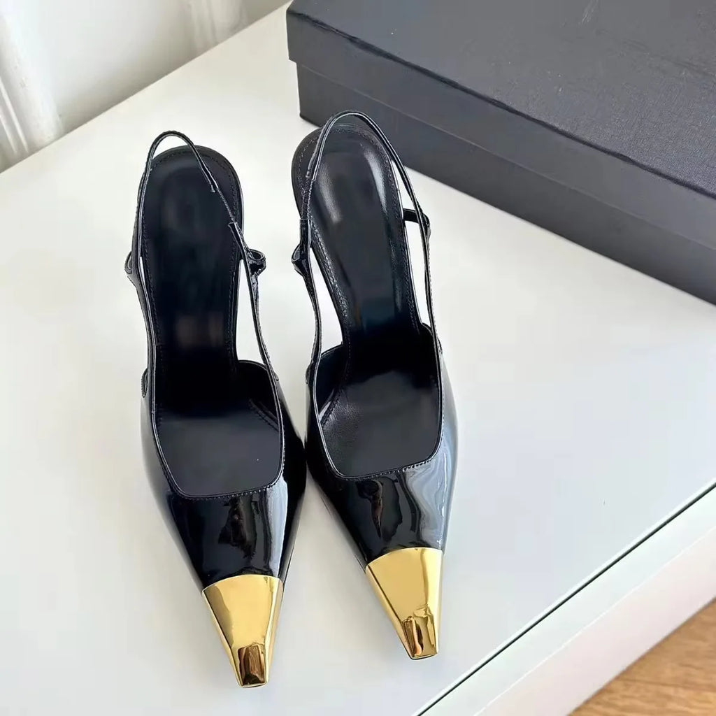 2025 Black Italian Style Women's Shoes Mature and Sexy Martel Toe Slingshot Sandals Elegant White-collar Metal Toe Cap