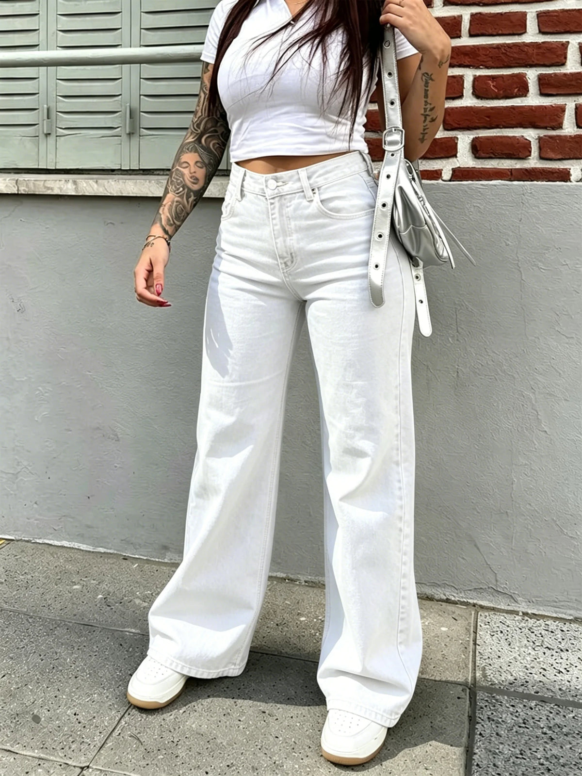High Quality Vintage Casual Summer Women's Straight Denim Pants High Waist Wide Leg Long Jeans Stretchy Solid Pattern Washable