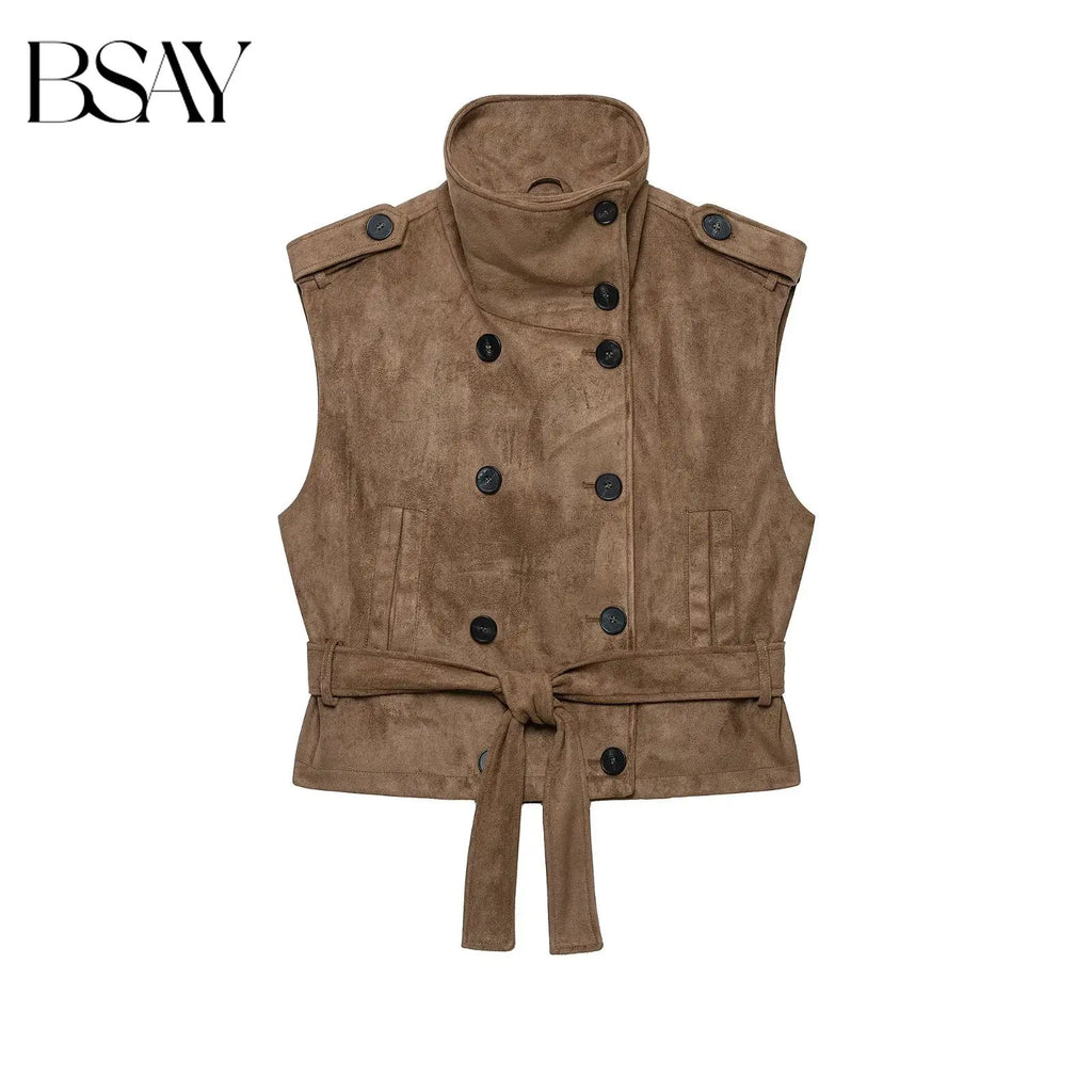 BSAY Vintage Faux Suede Waistcoat Women Double‑Breasted Stand Collar Shoulder Epaulets Sleeveless With Belt Cropped Casual Vest