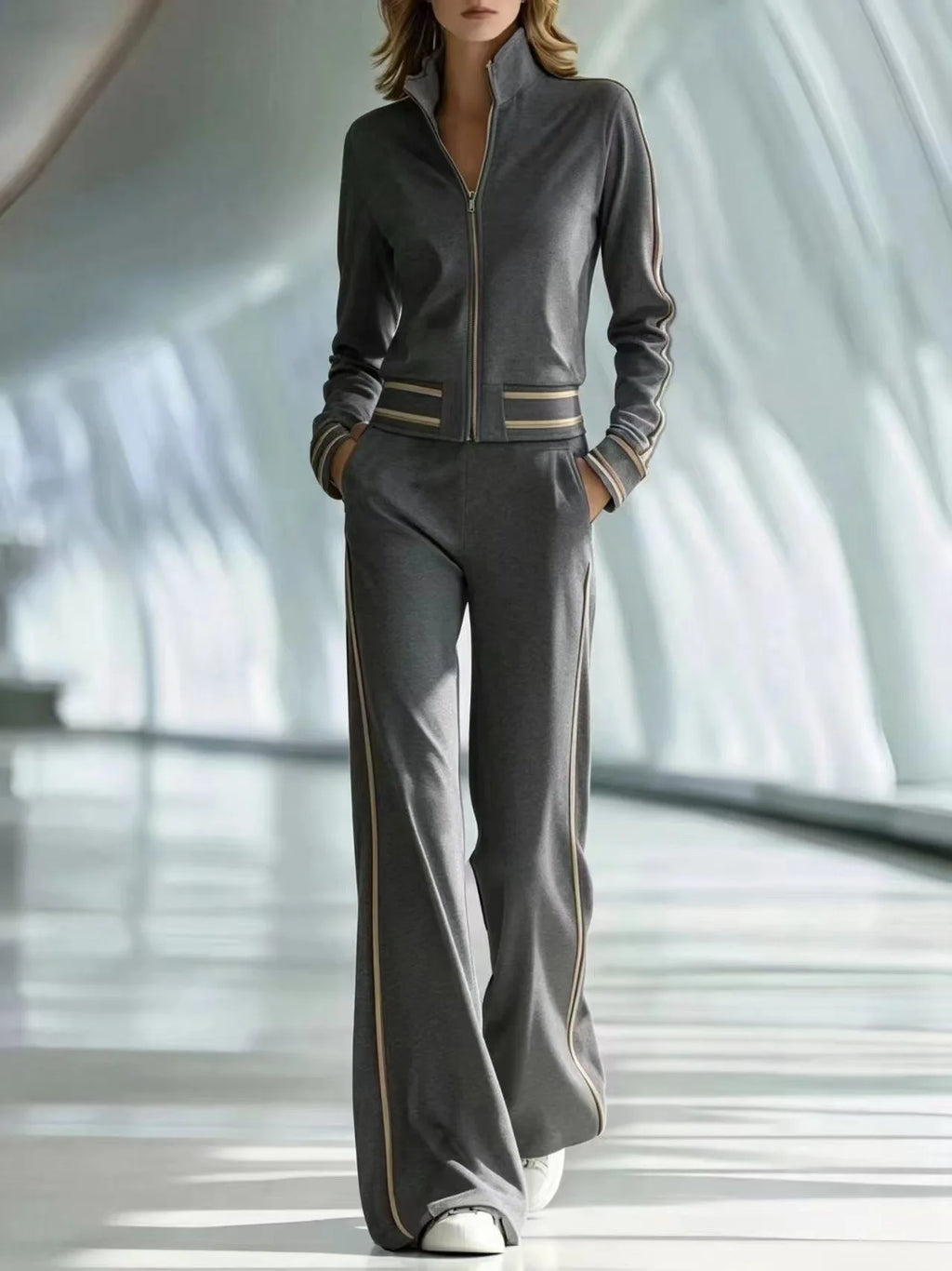 Fall Pocket 2-Piece Suit Women's Retro Stripes Zip Bomber Jacket+High Waist Women's Wide Leg Pants Set Street Sportswear Outfits