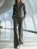 Fall Pocket 2-Piece Suit Women's Retro Stripes Zip Bomber Jacket+High Waist Women's Wide Leg Pants Set Street Sportswear Outfits