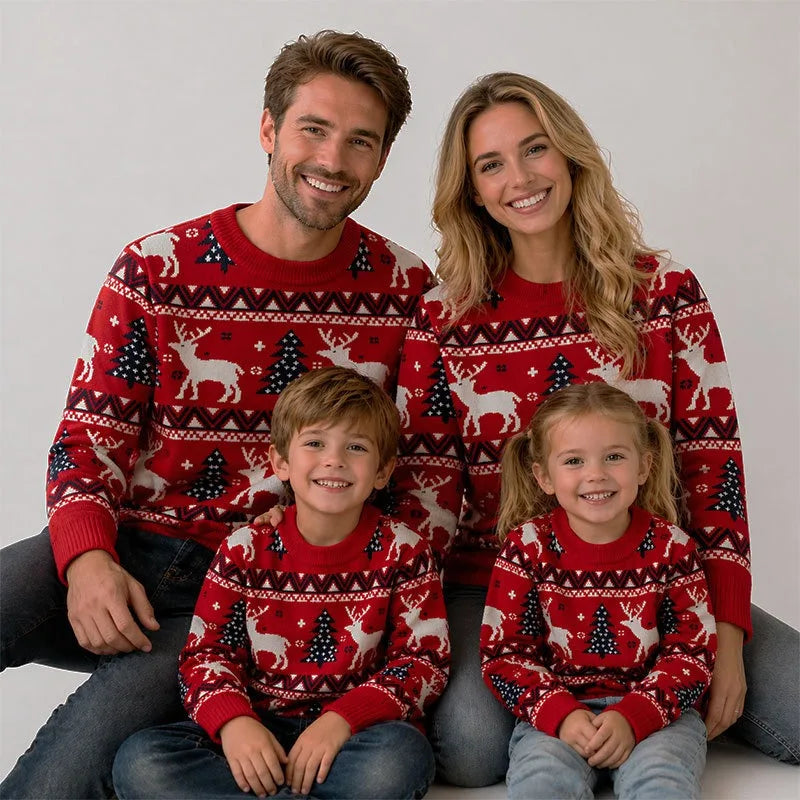 New Christmas Sweater Casual Warm Elk Printed Knitted Cute Xmas Tree Pullovers Festival Theme Party Parent Child Matching Outfit