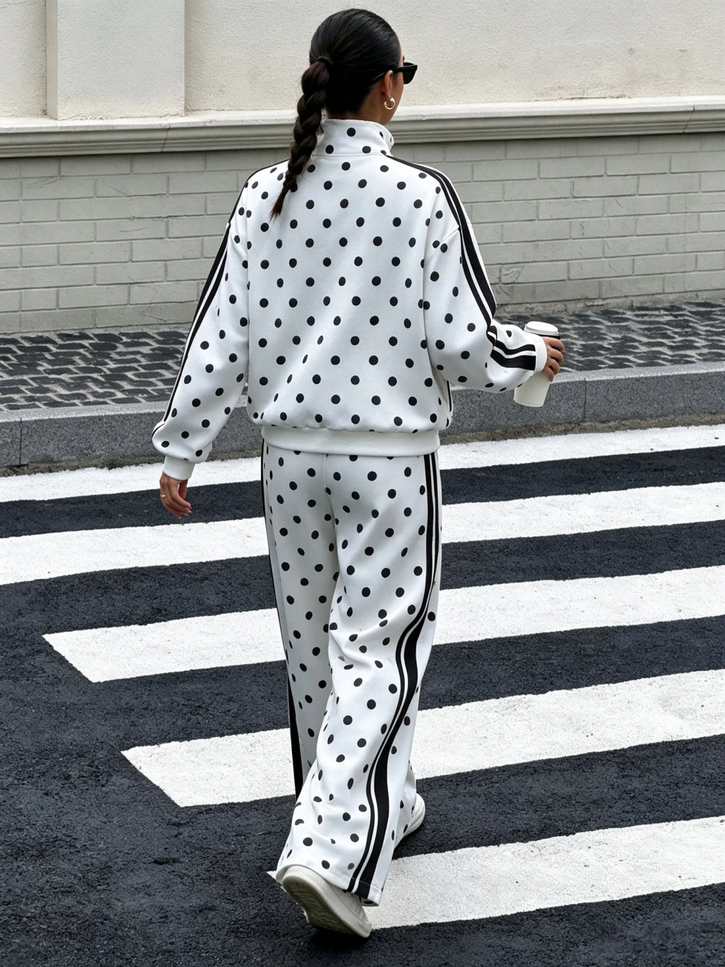 Women Polka Dot Zip Up Jacket & Wide Leg Pants 2 Piece Set, Autumn Winter Striped Side Casual Sport Tracksuit Loungewear Outfit