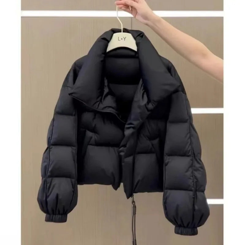New Cotton Women Winter Warm Short Puff Jacket Korean Design Irregular Cotton Coat Trend Loose Thicken Parkas Tide Black White