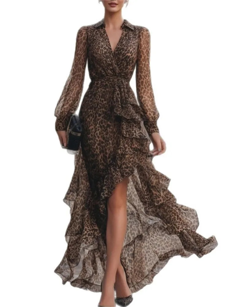 Women Leopard Print Long Sleeve Maxi Dress Lapel V Neck Wrap Ruffled Asymmetrical Hem Elegnat Dress Elegant Evening Party Dress