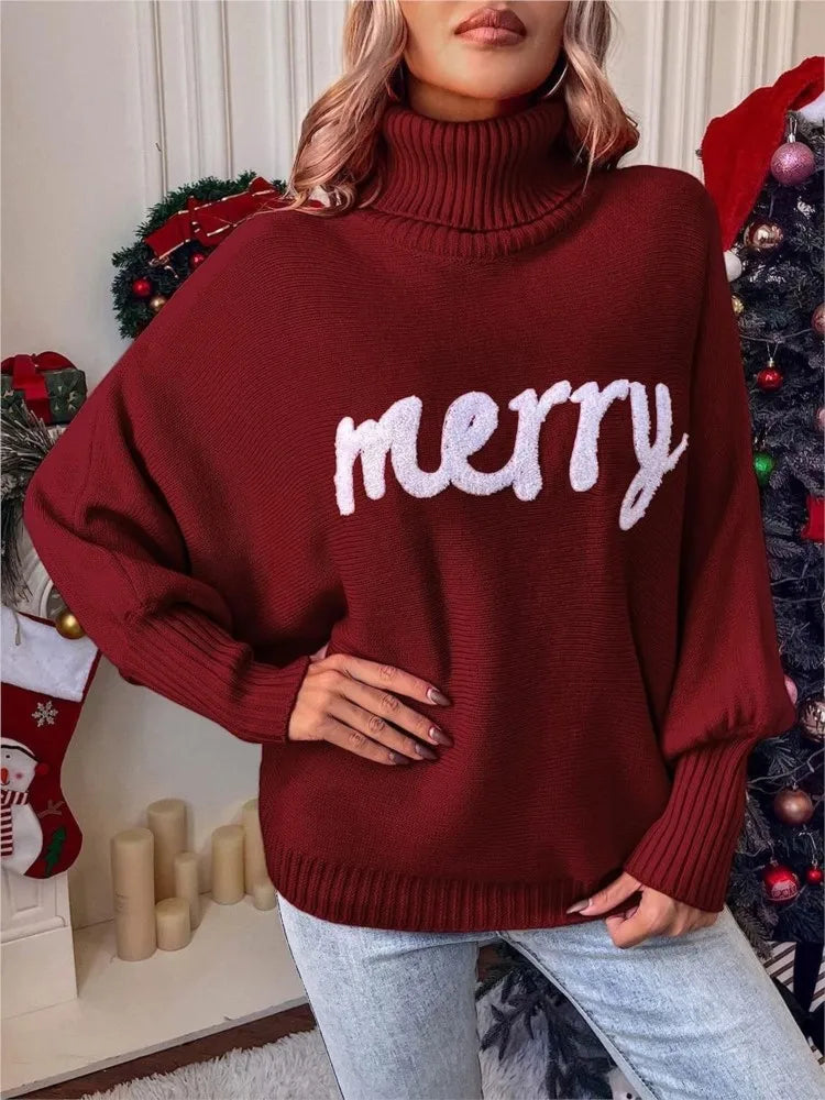 Women Christmas Letter Print Turtleneck Sweater Bat Sleeve Oversized Loose Knit Pullover Casual Autumn Winter Holiday Jumper