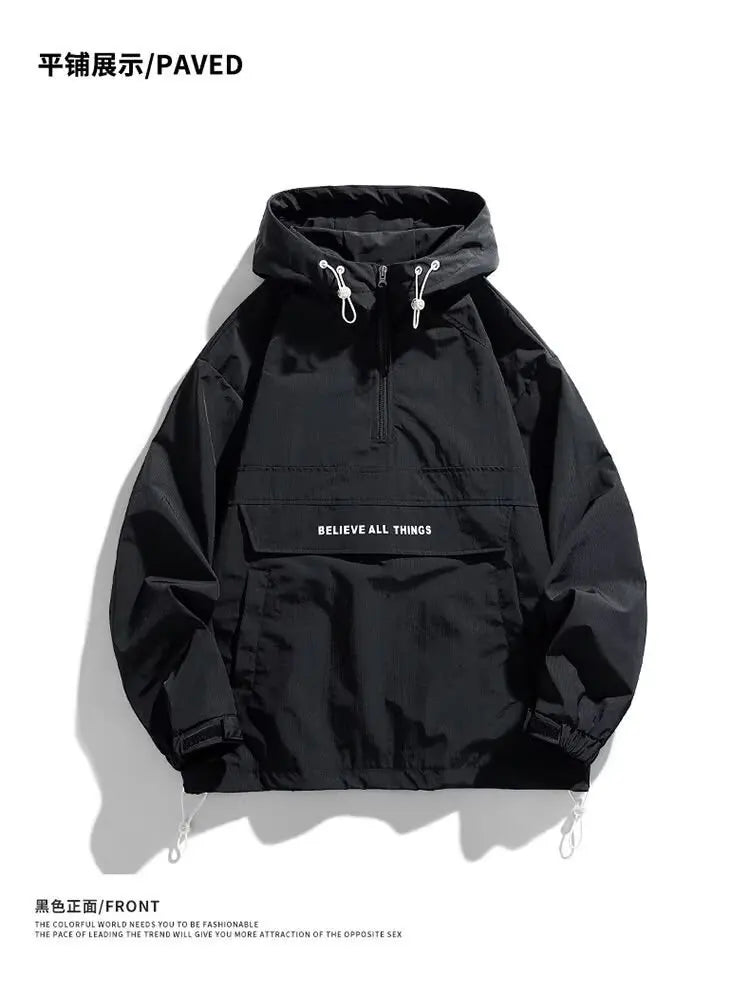 Hooded Pullover Jacket Men's Casual Windbreaker Jacket with Multiple Pockets Outdoor Sports Jacket Half Zip Hooded Hard Shell