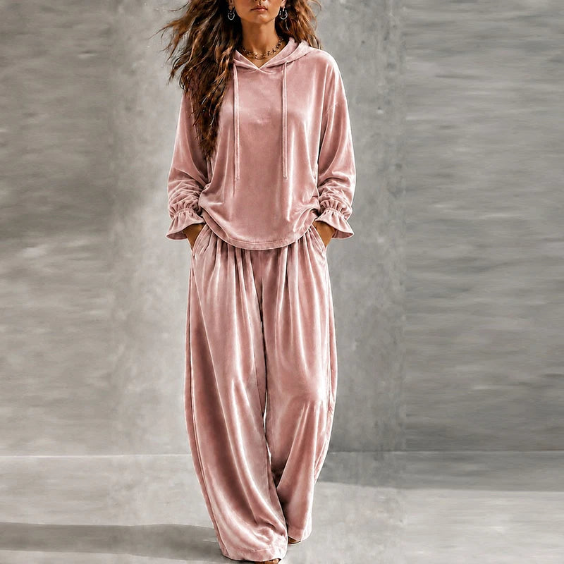 Autumn Winter Long Sleeve Velvet Hoodies Sweatshirt High Waist Pocket Pants Suit Women Casual Two Piece Set Female Tracksuit