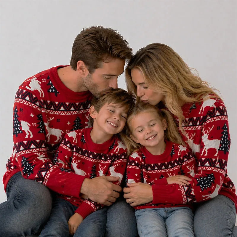 New Christmas Sweater Casual Warm Elk Printed Knitted Cute Xmas Tree Pullovers Festival Theme Party Parent Child Matching Outfit