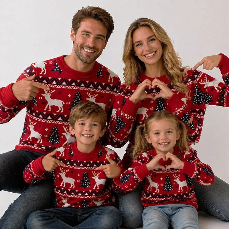 New Christmas Sweater Casual Warm Elk Printed Knitted Cute Xmas Tree Pullovers Festival Theme Party Parent Child Matching Outfit