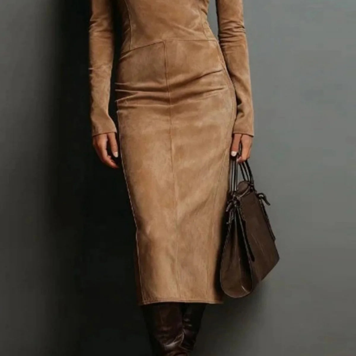 Hip Wrap Folds Collar Dress Spring Long Sleeved Half High O-Neck Collar Dresses Shin Retro Style Elegant Office Mid-Calf Robes