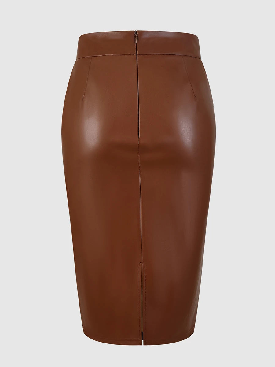 Women Elegant High Waist PU Leather Pencil Midi Skirt Office Lady Workwear Bodycon Slim Faux Leather Skirts Solid Color Brown
