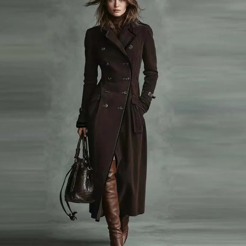 Women's Fashion Lapel Collar Pockets Long Jackets Elegant Buttons Solid Velvet Outercoats Vintage Long Sleeve Windbreaker Coats