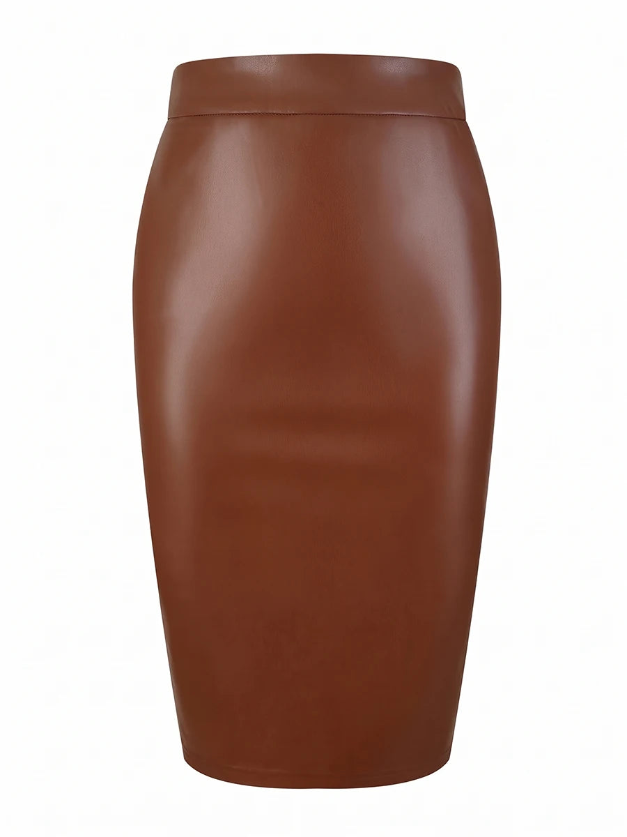 Women Elegant High Waist PU Leather Pencil Midi Skirt Office Lady Workwear Bodycon Slim Faux Leather Skirts Solid Color Brown