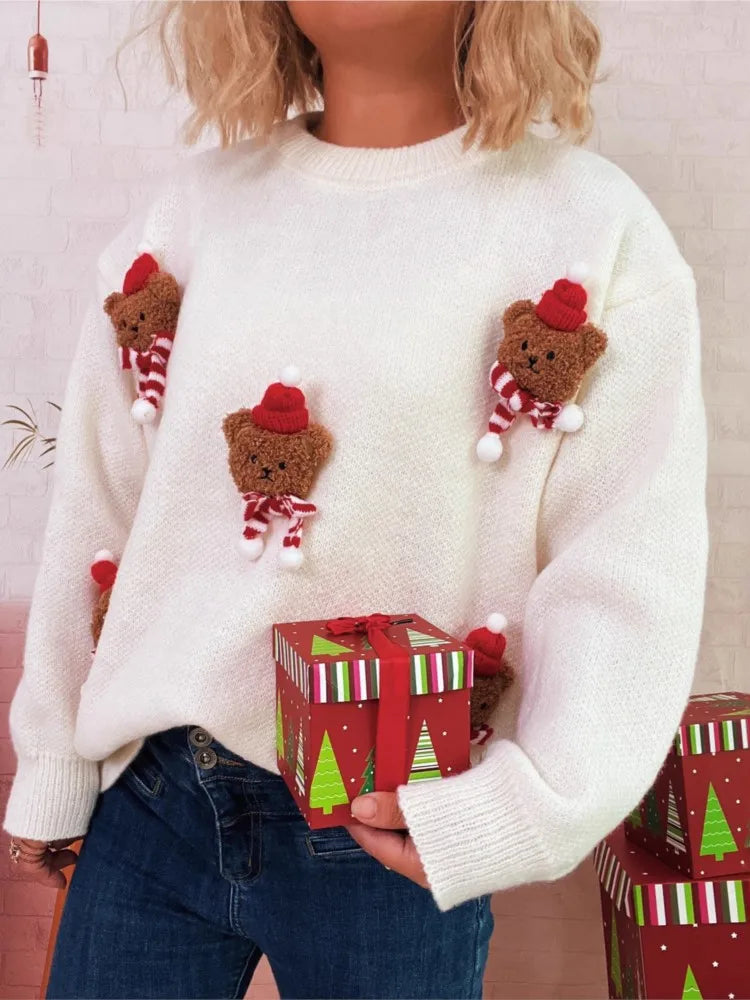Christmas Sweet Three-dimensional Bear Sweater Autumn Winter Round-neck Warm Casual Long-sleeved Sweater Women's Versatile Tops
