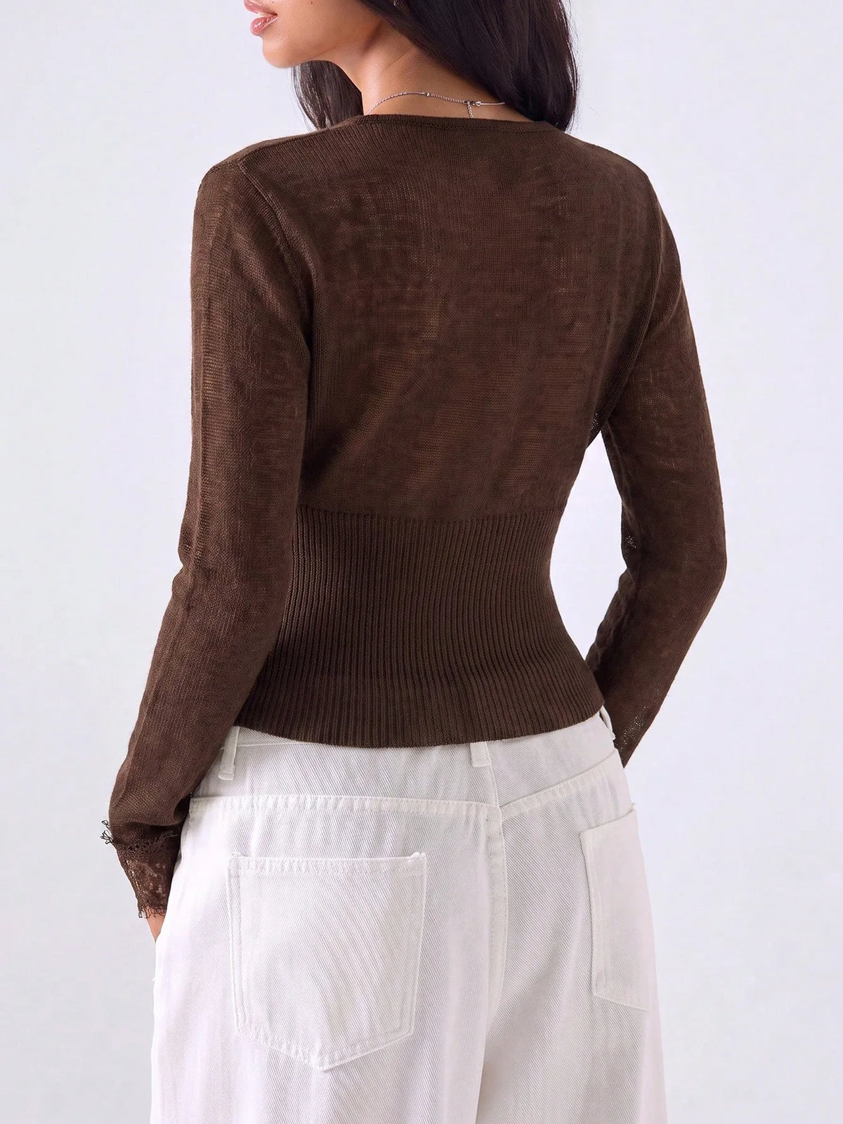 Women Lace Trim Knit Cardigan Tops V Neck Long Sleeve Button Down Cropped Sweater Vintage Slim Fit Sheer Mesh Knitwear Elegant L