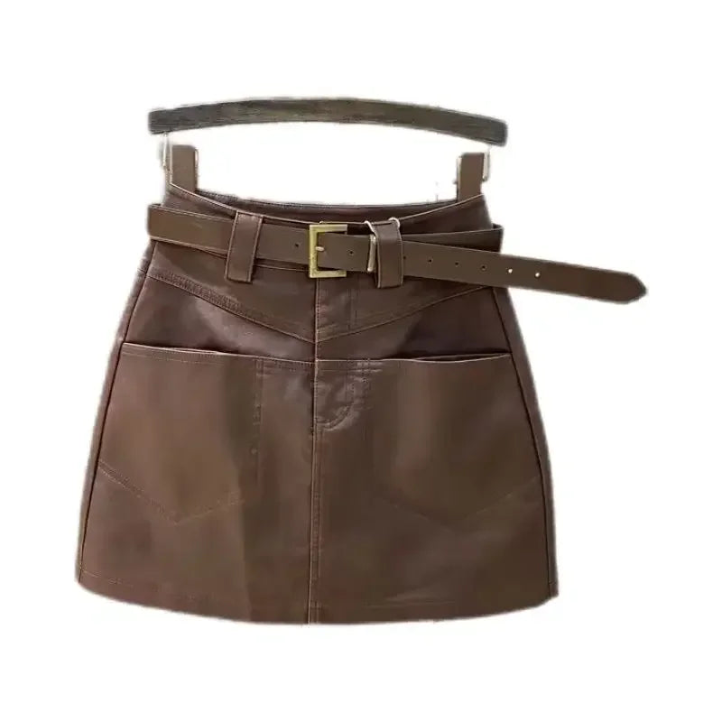 High waisted leather  half body women's autumn  winter new A-line  retro PU leather short skirt, coffee  leather skirt