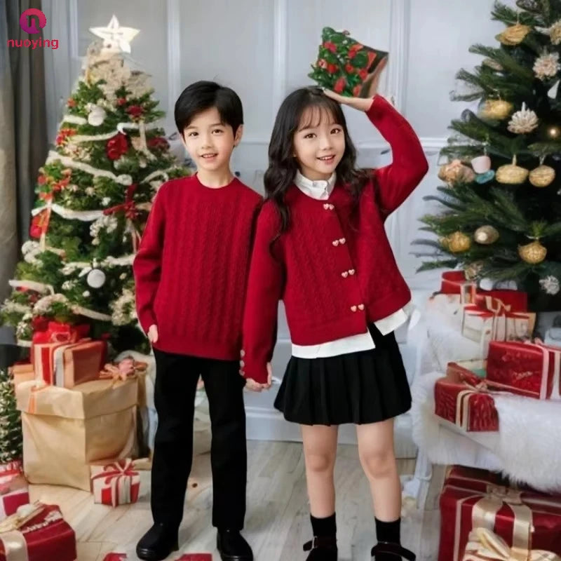 Family Matching Christmas Sweater, Mom Daughter Knit Cardigan Dad Son Pullover, Red Parent-child Couple Outfits for Winter New Year