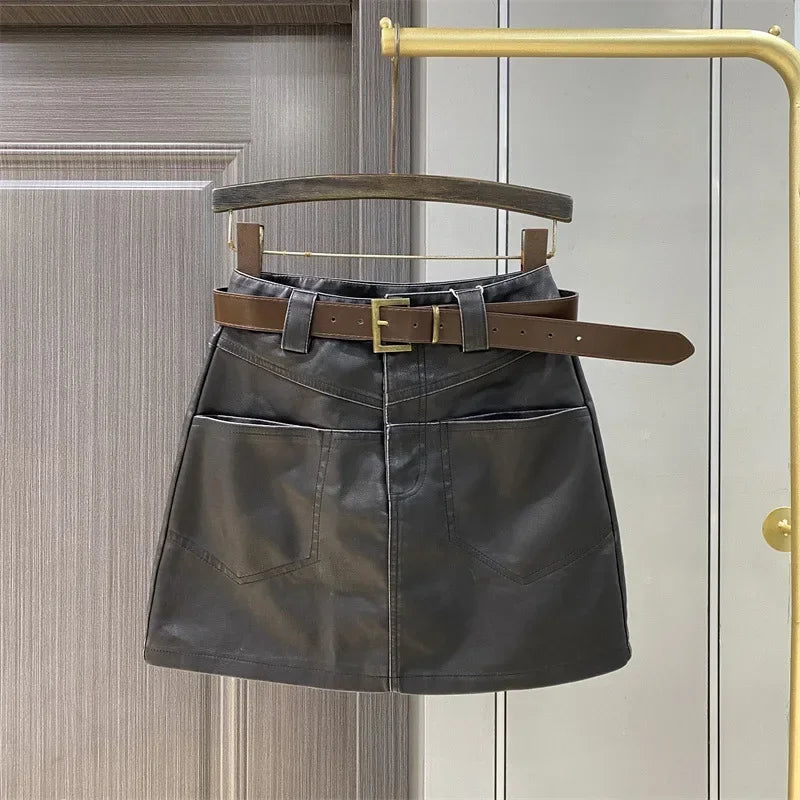 High waisted leather  half body women's autumn  winter new A-line  retro PU leather short skirt, coffee  leather skirt