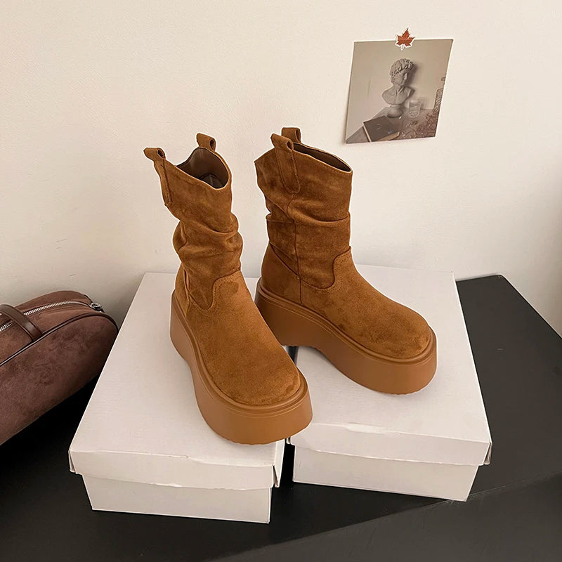Chunky Platform Thick Sole Woman Ankle Boots Design Round Toe Slip On Shoes  2025 Autumn Winter Short Botas Para Mujer