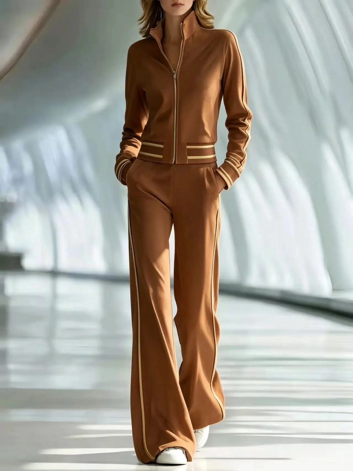 Fall Pocket 2-Piece Suit Women's Retro Stripes Zip Bomber Jacket+High Waist Women's Wide Leg Pants Set Street Sportswear Outfits
