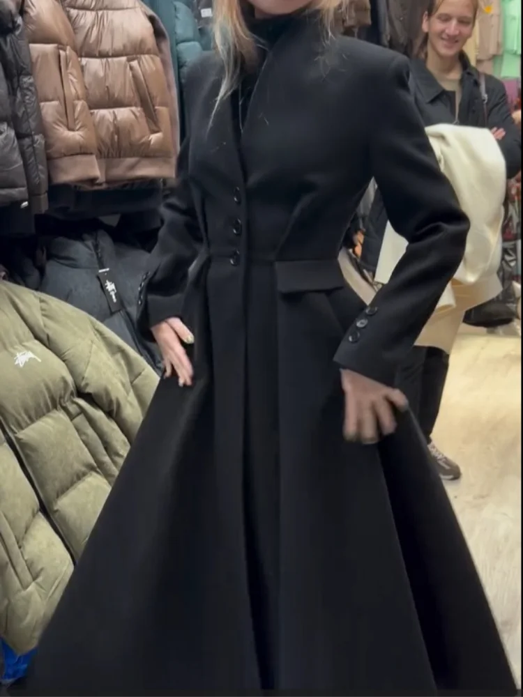 Women Long Fitted Waist Faux Wool Blend Coat Long Sleeve Single Breasted A Line Swing Hem Overcoats 2026 Winter Vintage Coats