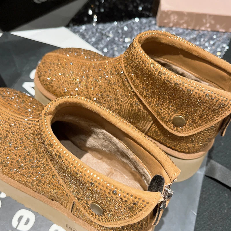 Women's Winter Boots Design Fashion Rhinestone Lapel Suede Brown Ankle Boots Plush Platform Non-slip Casual Winter Shoes Woman