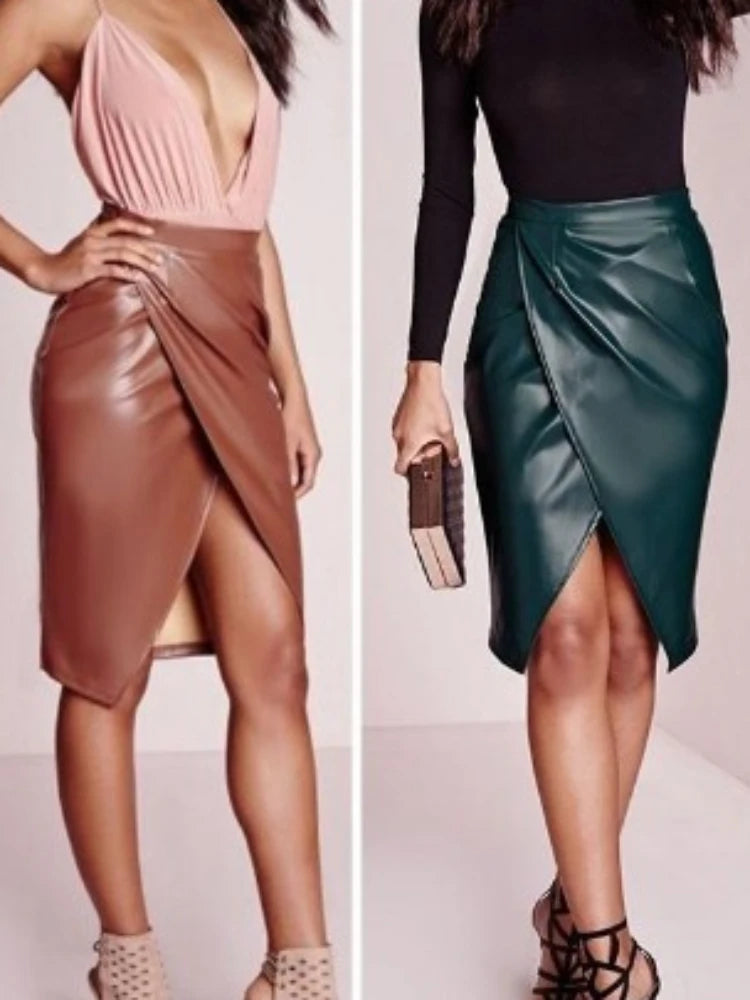 PU Imitation Leather Split Midi Skirt Women High-waist Fittness Hip Slim Skirts Office Lady Vintage Bodycon Skirt Club Party