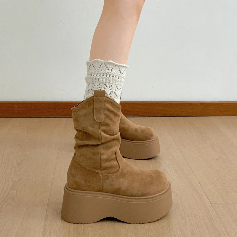 Chunky Platform Thick Sole Woman Ankle Boots Design Round Toe Slip On Shoes  2025 Autumn Winter Short Botas Para Mujer