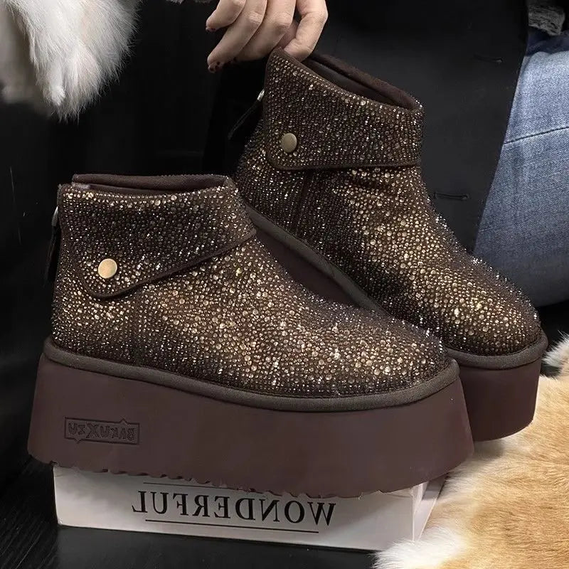 Women's Winter Boots Design Fashion Rhinestone Lapel Suede Brown Ankle Boots Plush Platform Non-slip Casual Winter Shoes Woman