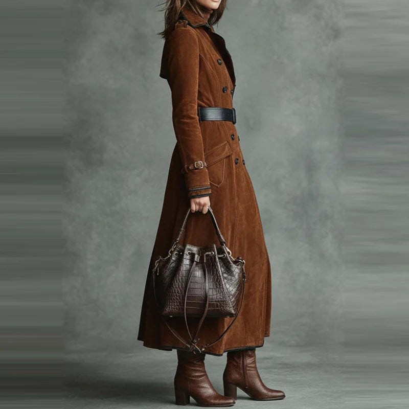 Women's Fashion Lapel Collar Pockets Long Jackets Elegant Buttons Solid Velvet Outercoats Vintage Long Sleeve Windbreaker Coats