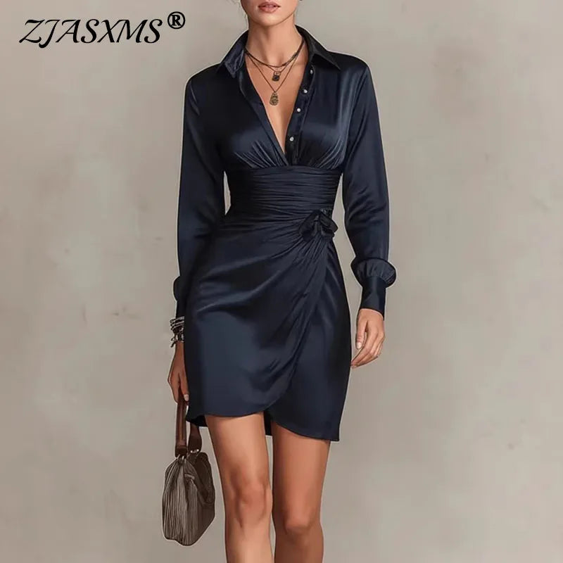 Women Collared Wrap Mini Dress Long Sleeve V Neck Ruched Waist Self Tie Knot Solid Slim Fit Dress Elegant Cocktail Evening Dress