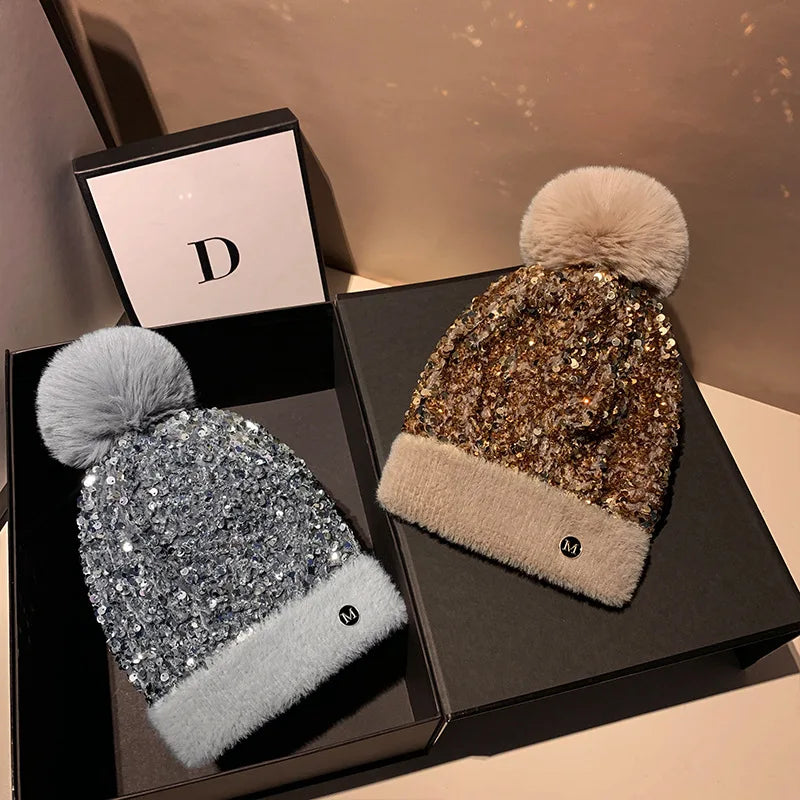 Winter Warm Knitted Hat Autumn/Winter Korean Versatile Glitter Sweet and Cute Dome Ear Protector Knitted Hat