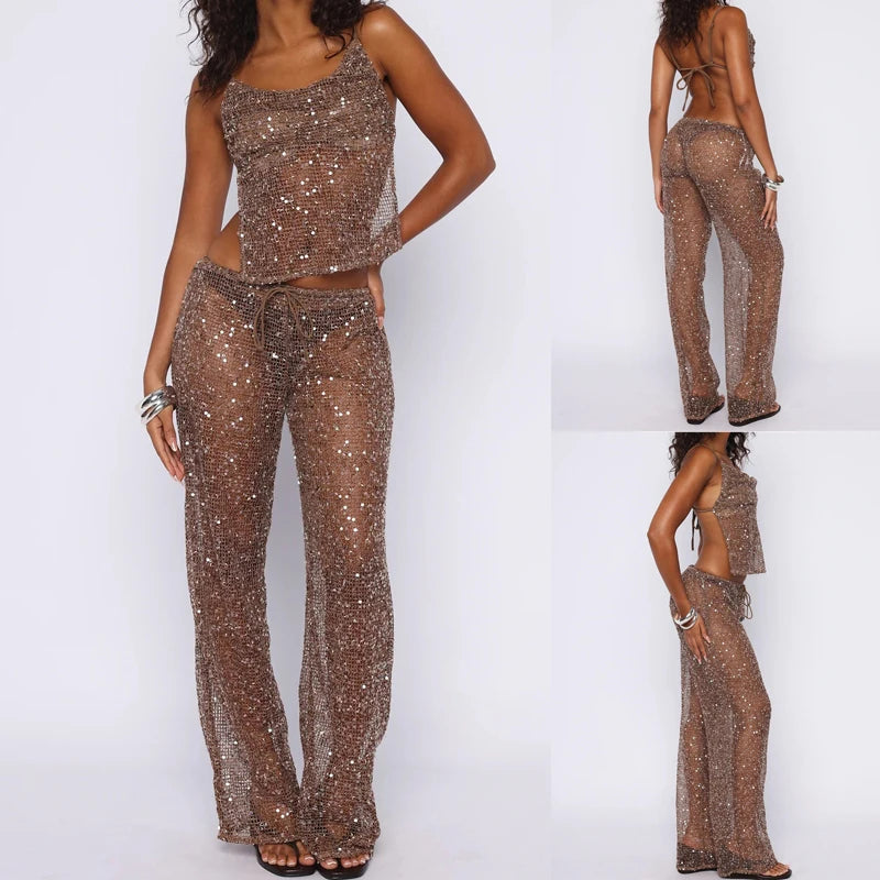 Elegant Sleeveless Split Sling Top & Long Pant Set Women Fashion Sequined Sheer 2 Piece Outfits Sexy Backless Hollw Party Suits