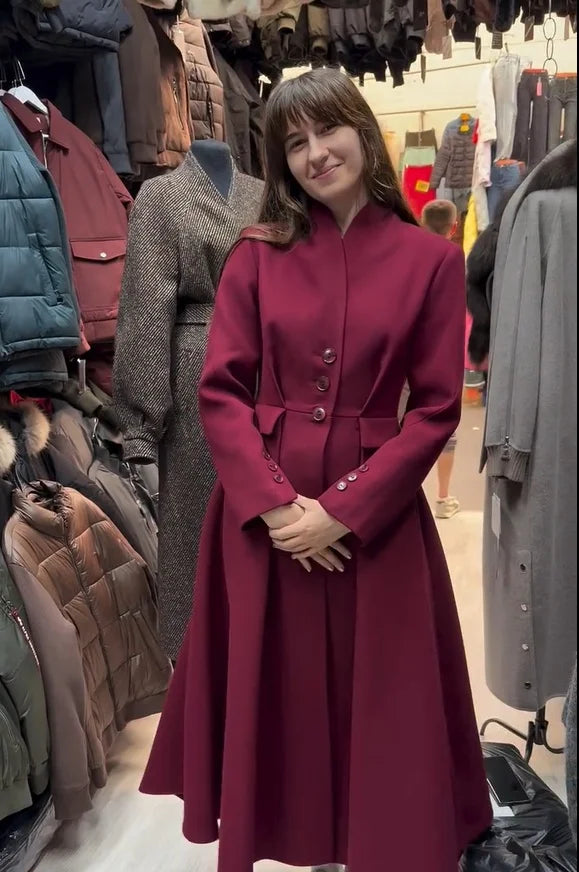 Women Long Fitted Waist Faux Wool Blend Coat Long Sleeve Single Breasted A Line Swing Hem Overcoats 2026 Winter Vintage Coats