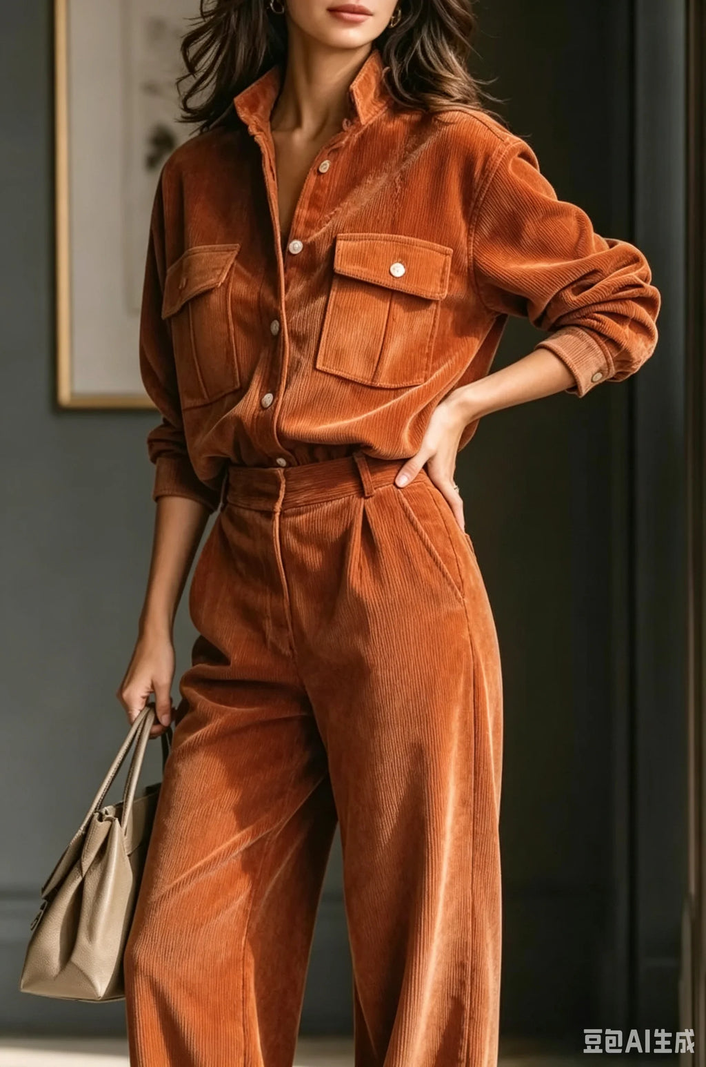 Women's Solid Color Casual Two-piece Set Autumn Retro Fashion Pocket Corduroy Long-sleeved Shirt Wide-leg Pants Commuting Sets