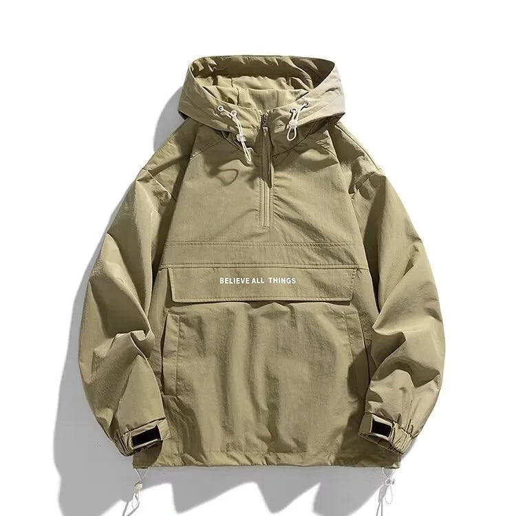 Hooded Pullover Jacket Men's Casual Windbreaker Jacket with Multiple Pockets Outdoor Sports Jacket Half Zip Hooded Hard Shell
