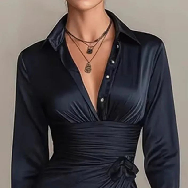 Women Collared Wrap Mini Dress Long Sleeve V Neck Ruched Waist Self Tie Knot Solid Slim Fit Dress Elegant Cocktail Evening Dress