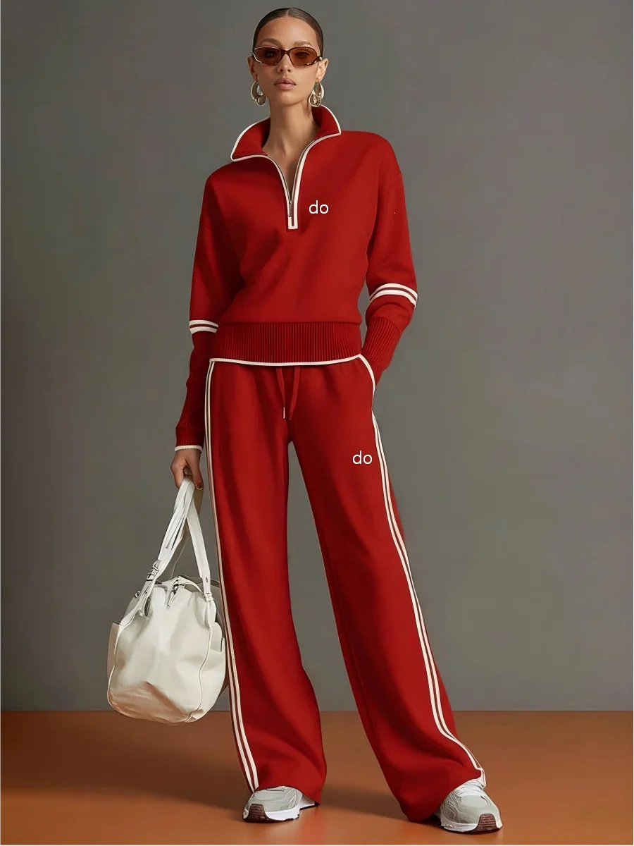 2026 Women's Casual Sports Set - European and American Fashion Color Contrast Stand up Hoodie - Wide Leg Pants Two Piece Set